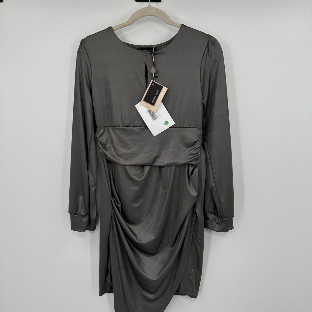 New Vanessa Scott Gray Ruched Sheath Shiny Dress Long Sleeve Keyhole Drape Large